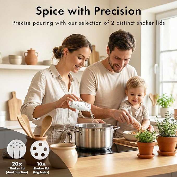 Square Spice Jars with Bamboo Wooden Lid (Pack of 24) Spice Jars with Shaker Insert and 240 Labels - Bamboo Lid Glass Container for Spice Organisation [4.3 in × 1.8 in]