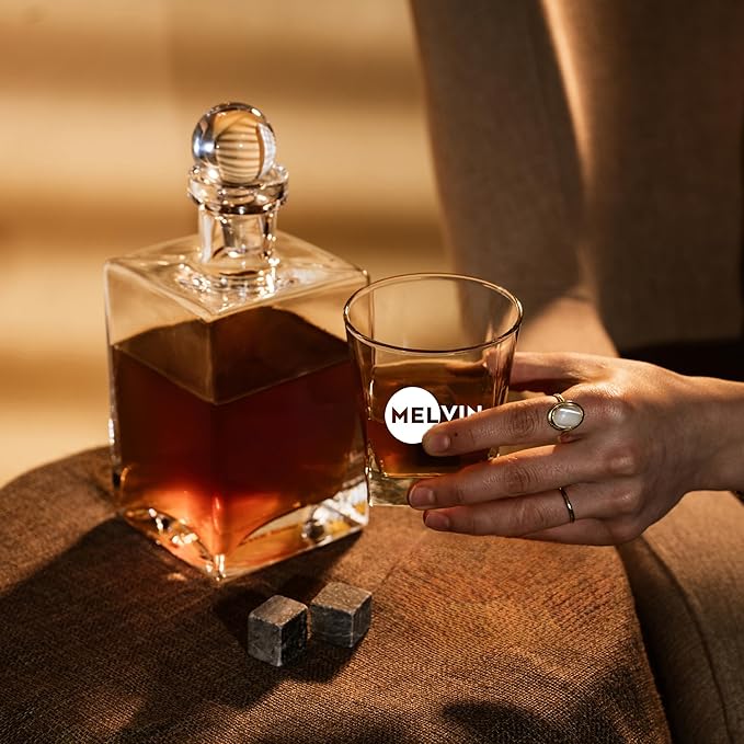 Personalized Engraved Whiskey Glass 10.25 oz – Etched Bourbon Glass with Heavy Base, Old Fashioned Cocktail Glass, Groomsmen & Father’s Day Gift (Whiskey Design 5)