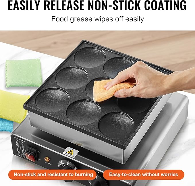 VEVOR Dutch Pancake Maker, 9PCS 76mm Diameter Dorayaki Baker Machine, 850W Commercial Electric Poffertjes Grill, Non-stick Stainless Steel, Temp & Time Control, for Home Kitchen Restaurant Snack Bar