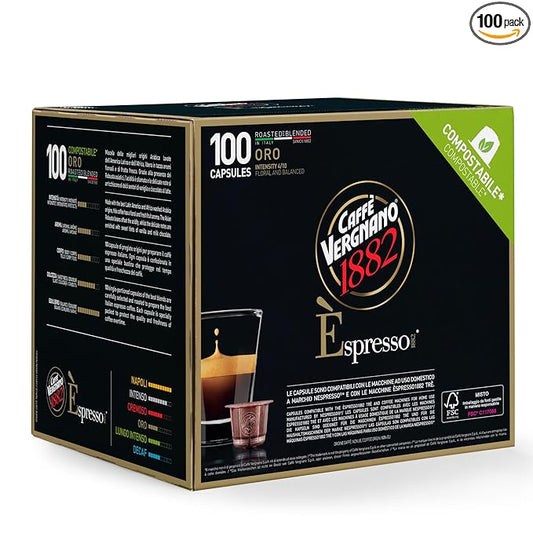 Caffe' Vergnano 1882 Medium Roast Espresso Original Line Machine Compatible Capsules, Arabica Robusta Espresso Coffee, Italian Coffee For Nespresso Coffee Machines, Intensity 4/10, Oro, 100 Ct