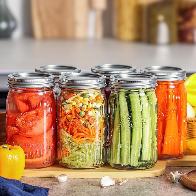 12 Pack 32 oz Wide Mouth Mason Jars - Heavy Duty Glass Storage Jars with Airtight & Leak Proof Lids for Pickling, Canning, Food Storage, Flour, Sugar, Pasta, Oats & DIY Projects (12pack 32oz)