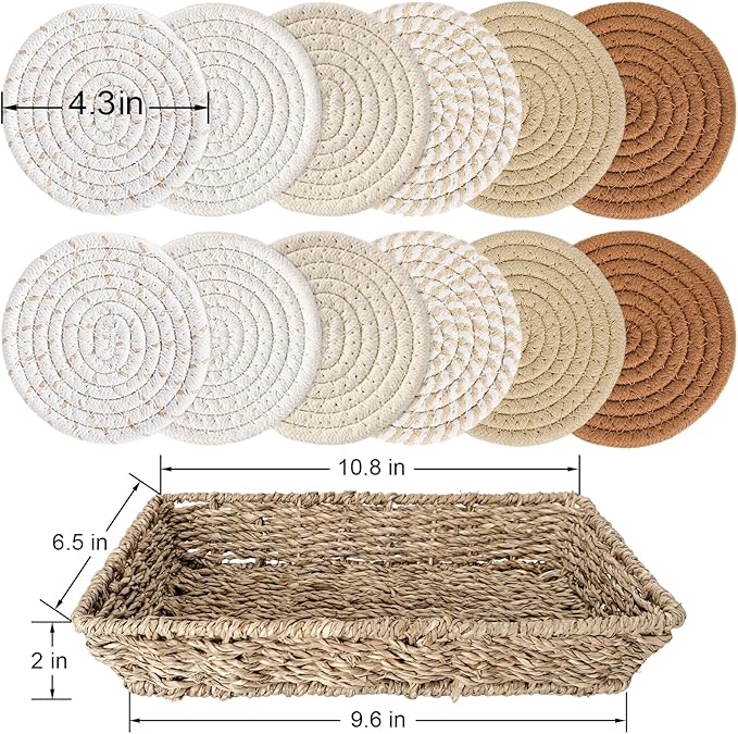 12 Pcs Handmade Woven Coasters for Drinks, Absorbent and Insulating Cotton Coasters with Seagrass Basket Holder set, Boho Perfect for Coffee Table and Home Decor