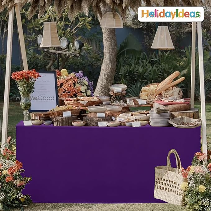 HolidayIdeas Open Back Fitted Tableclothss for 8 Foot Rectangle Table, Wrinkle Resistant Washable Table Covers 96x30 Inch for Craft Fairs, Banquets, Trade Show Display, Purple,4 Pcs