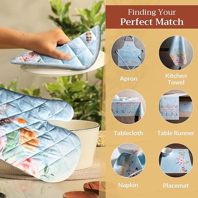 Maison d' Hermine 100% Cotton Oven Mitt & Pot Holder Set (7.5"x13" & 8"x8") Heat Resistant BBQ Cooking Gloves with Loop, Baking, Grilling, Kitchen, Handling Hot Pans Spring/Summer (Ibiza)