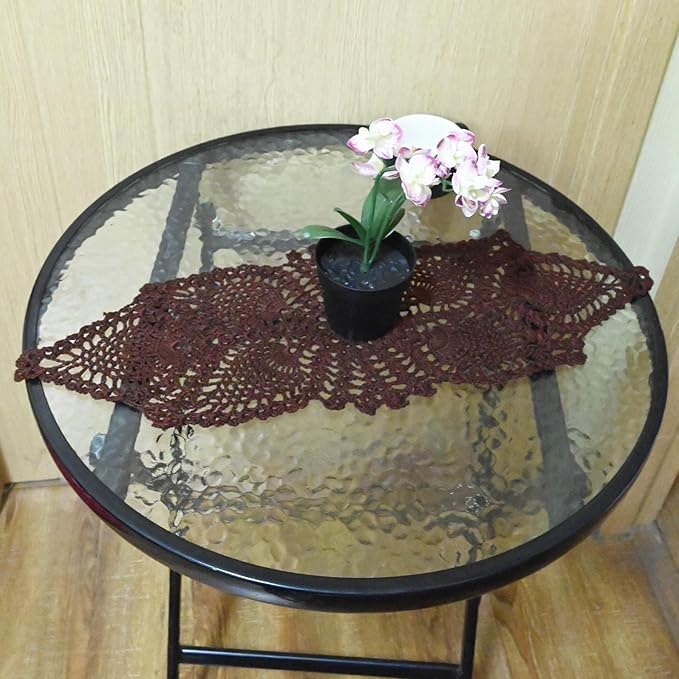 BIBITIME Crochet Lace Table Doilies Eyes Flower Doily Kitchen Vase Place Mats (7 in x 21 in,Pack of 2PCS, Style02-Coffee)