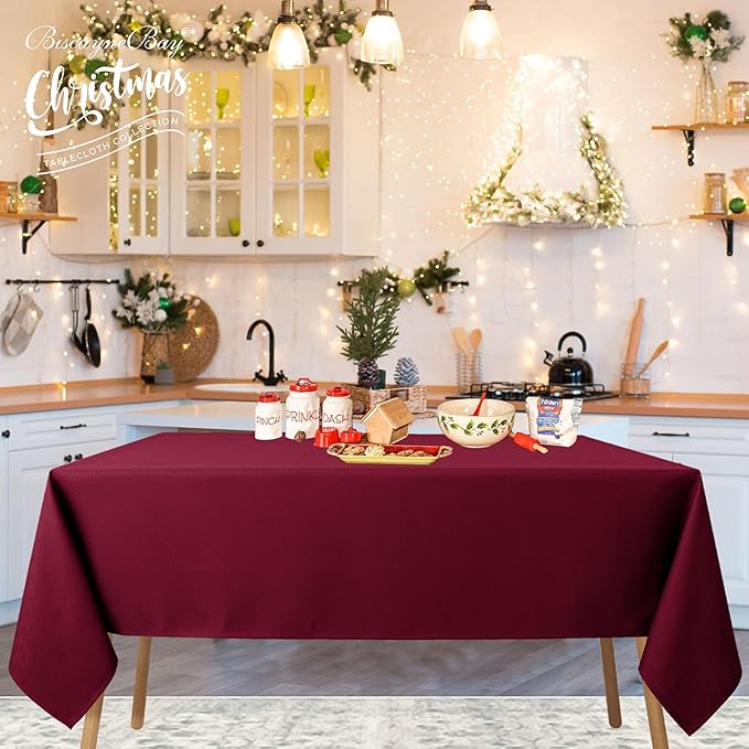 Biscaynebay Textured Fabric Christmas Rectangle Table Cloth 52x70 Inches, Burgundy Water Resistant Tablecloths for Dining, Kitchen, Wedding, Parties etc. Machine Washable