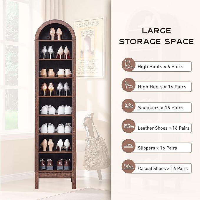 71" Tall Arched Bookshelf, 8 Tiers Arch Bookcase with Storage, Modern Farmhouse Book Shelf with Adjustable Shelves, Wood Bookshelf w/Open Display Shelves for Living Room, Office (Brown)