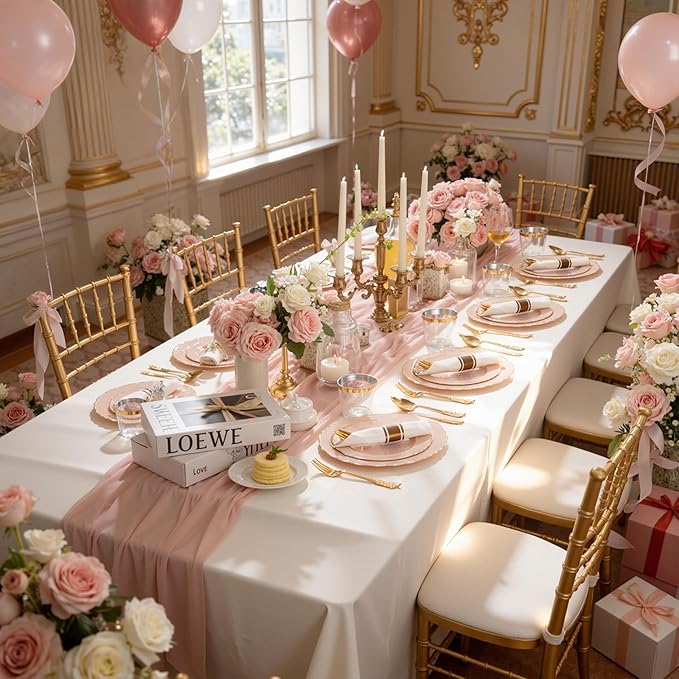 Liacere 350PCS Pink Plates Disposable-PinK Plates 50guest Baroque Plastic Dinnerware include 100Plates, 50Pack Pre Rolled Napkins with Silverware 50Cups Perfect for Valentine's Day＆Galentines Day