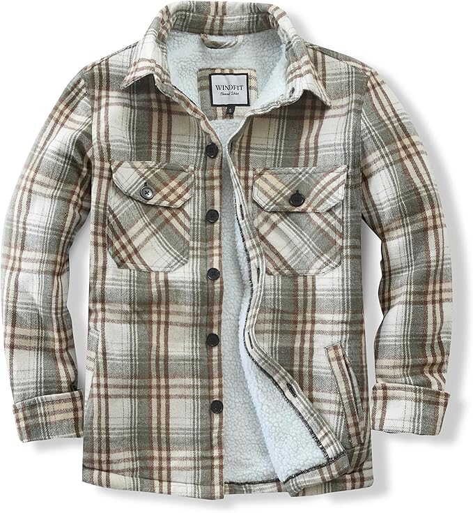 Men's Cotton Sherpa Lined Button Down Flannel Shirt Jacket Plaid Soft Outdoor Flannel Jacket Shirt