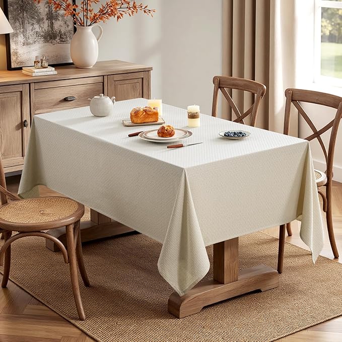 MIULEE Natural Beige Linen Cotton Table Cloth Rectangle Tablecloth Spring Waterproof Spillproof Cross-Star Textured Table Cltoth Decorative Farmhouse Style for Dining Party Weddings 60x84 Inch
