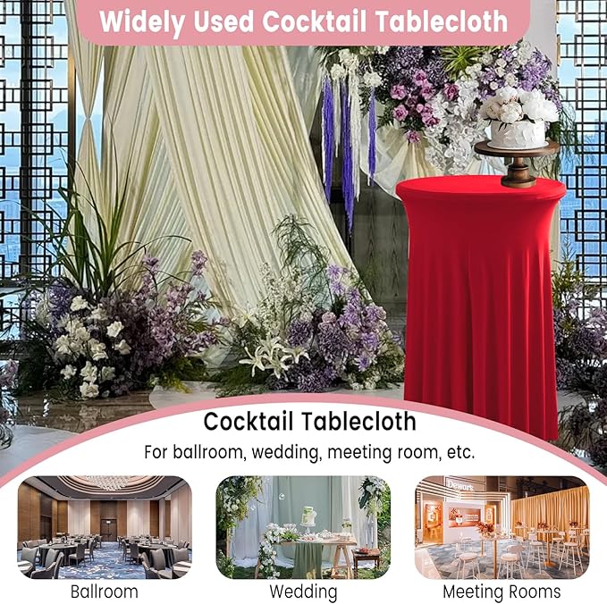 Qubjus 2 Pack Round Cocktail Table Covers with Skirt Stretch Spandex Tablecloth 24"x43" Cocktail Round Tablecloth for Party Wedding Birthday Banquet, Red