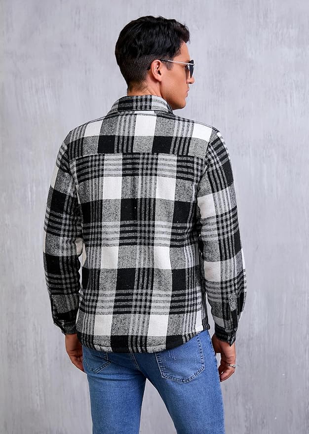 Men's Cotton Sherpa Lined Button Down Flannel Shirt Jacket Plaid Soft Outdoor Flannel Jacket Shirt