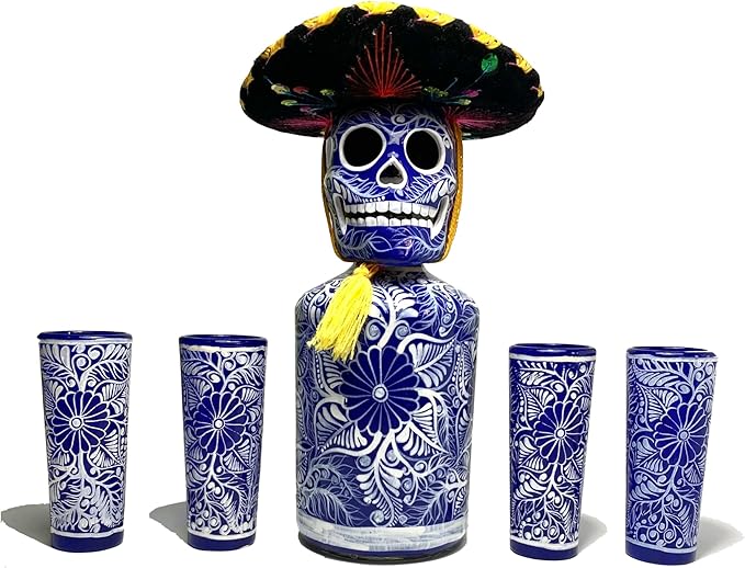 Tequila Decanter Set, Liquor Decanter with Shot Glasses and Mexican Sombrero, Hand-painted Decanter, Skull Decanter, Bar Decoration, Unique Tequila Gift, Gift For Dad (Blue Decanter Set)