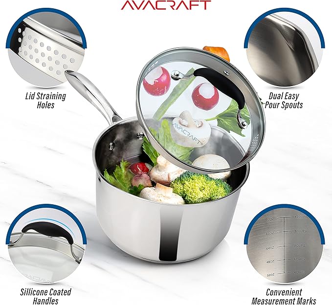 AVACRAFT Stainless Steel Saucepan with Glass Strainer Lid, Two Side Spouts for Easy Pour with Ergonomic Handle, Multipurpose Sauce Pot (5-Ply Capsule Bottom, 3.5 Quart)