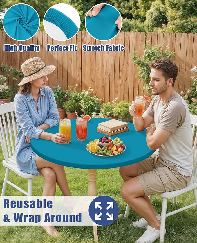 Round Spandex Tablecloth, Elastic Fitted Waterproof Tablecloths for 36"-44" Tables, Stretch Washable Picnic Table Cover for Camping, Dining, Indoor and Outdoor, Turquoise