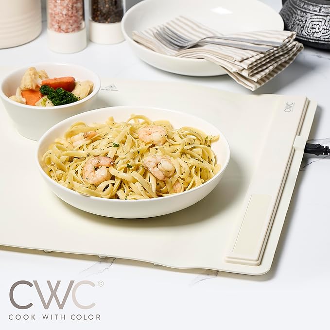 COOK WITH COLOR 350W Electric Food Warming Mat - Portable Food Warmer Tray with Adjustable Temperature, Fast 60-Second Heating, Auto Shut-Off, Rollable Silicone Pad for Parties & Everyday Use, Cream