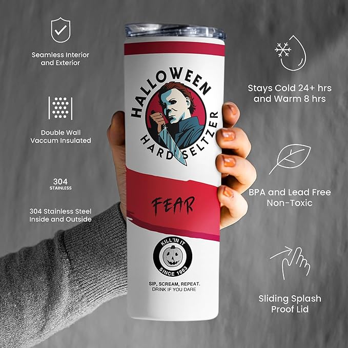 Halloween Michael Myers Tumbler, Hard Seltzer Tumbler, The Boogeyman Horror Fan Birthday Gift, Coffee Mug Travel Mug, Insulated Tumbler with Lid and Straw