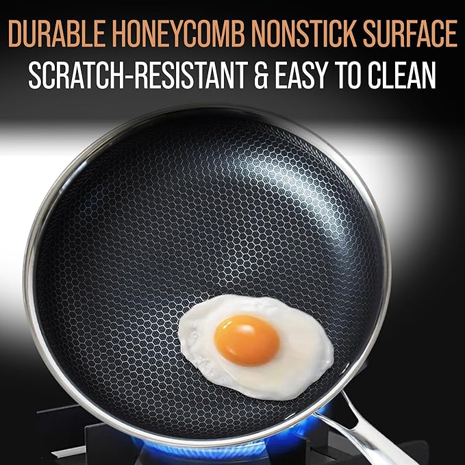 10” Non-Stick Stainless Steel Frying Pan with Lid | Honeycomb Hybrid Skillet for Induction, Gas & Electric Stovetops | Oven Safe, Dishwasher Safe | Premium Gift Packaging