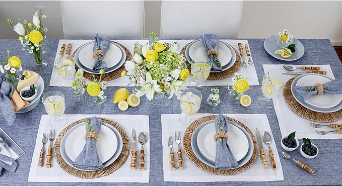 Solino Home Linen Tablecloth 60 x 120 Inch - 100% Pure Linen Chambray Indigo Table Cloth for Rectangle Tables - Athena, Machine Washable Tablecloth for Spring, Easter