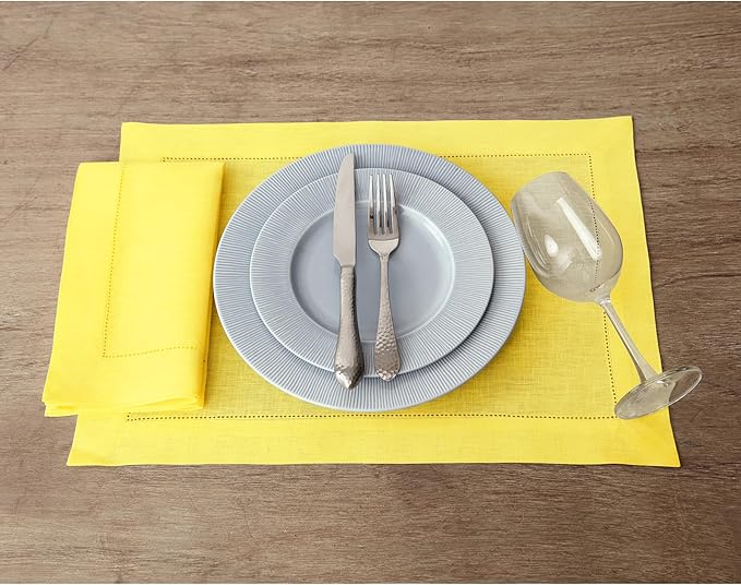 Solino Home Sunshine Yellow Linen Napkins Set of 4-100% Pure Linen Hemstitch Dinner Napkins 20 x 20 Inch for Spring, Easter - Classic Hemstitch