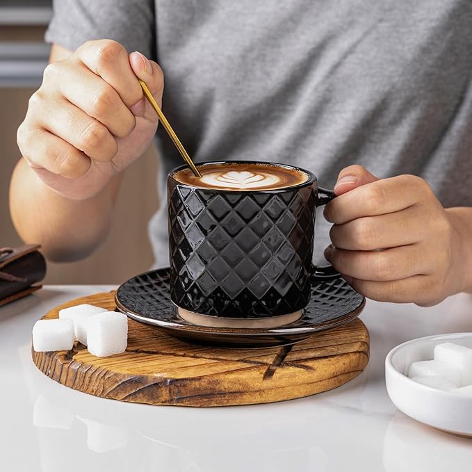 GBhome 6OZ Stackable Coffee Mugs with Stand and Saucer, Ceramic Coffee Mugs Set of 4 with Texture Patterns for Man,Woman,Dad,Mom, Modern Coffee Cups for Latte/Espresso. Dishwasher&Microwave Safe