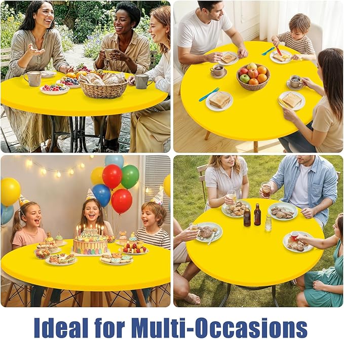 Round Spandex Tablecloth, Elastic Fitted Waterproof Tablecloths for 45"-56" Tables, Stretch Washable Picnic Table Cover for Camping, Dining, Indoor and Outdoor, Yellow