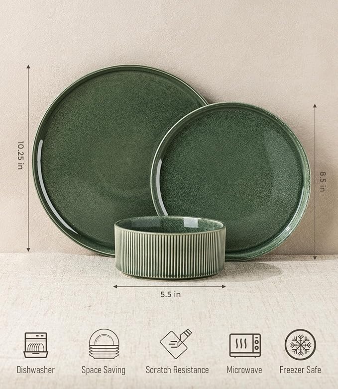 GBHOME 24-Piece Stoneware Dinnerware Set for 8 – Ribbed Ceramic Plates and Bowls, Scratch-Resistant, Microwave & Dishwasher Safe, Reactive Glaze, Dark Green