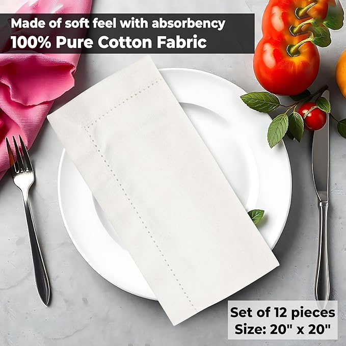 Urban Villa Cloth Napkins Ivory Hemstitch Dinner Napkins Set of 12 (20X20) 100% Cotton Absorbent Washable Durable Reusable Ideal for Hotel Collection Farmhouse Parties Restaurant Lunch Dinner Napkins