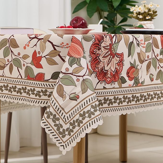 French Linen Rectangle Tablecloth 60''x 84'' - Vintage Floral Table Cloth, Waterproof Table Cover with Flowers and Leaves Pattern for Dining Kitchen Party Christmas