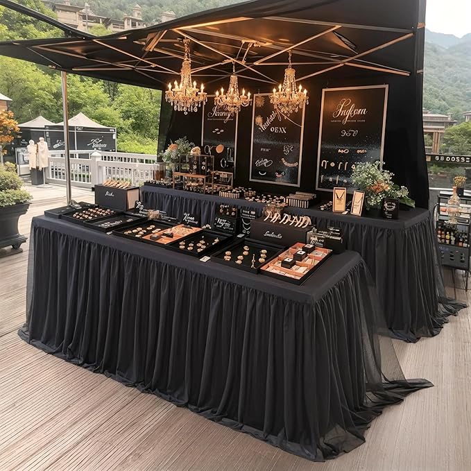 6 Pack Black Tulle Tablecloths for 8 Foot Rectangular Tables, 8ft Black Rectangle Table Cloths, Wrinkle Free Table Cover with Tutu Skirt for Wedding Birthday Party Banquet Buffet Event Decorations