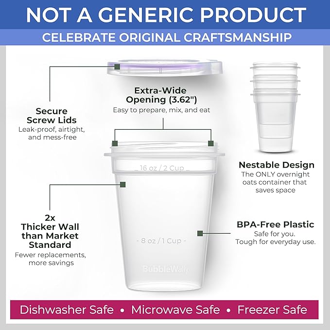 JoyPlus Overnight Oats Containers with Lids Plastic (Purple) - Meal Prep Containers Reusable for Food Storage – 16oz Jars for Breakfast, Snacks, and Lunch