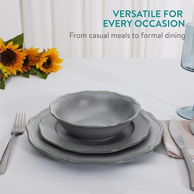 Navaris Scandi Style Porcelain Dinnerware Set - Ceramic Crockery Sets for 6 - Stackable Dishes with Dinner and Salad Plates Cereal Bowls - Dishwasher & Microwave Safe - 18pcs Grey