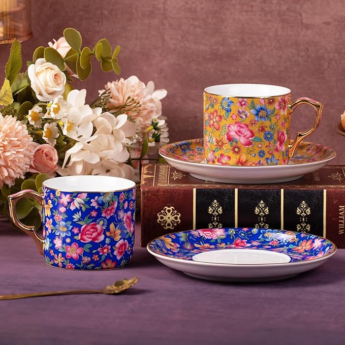 KAMMAK Tea Cups and Saucers Set of 2, Ceramic Coffee Cup with Saucer for Espresso, Cappuccino, 7oz Vintage Yellow and Blue Floral Porcelain Novelty Mug for Home, Tea Party, Office