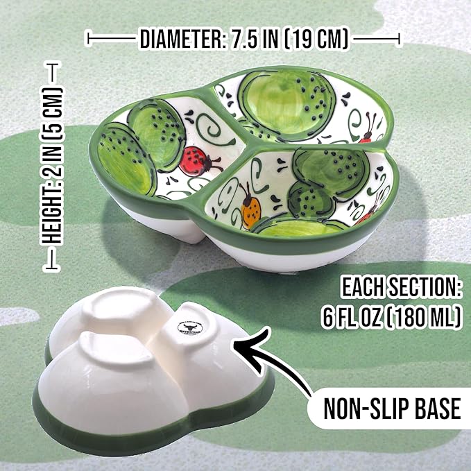 Ceramic Chip & Dip Bowl 7.5”, 3-Compartment Divided Serving Dish & Condiment Tray for Appetizers – Handmade in Spain, Lead-Free Glaze, Microwave, Oven & Dishwasher Safe