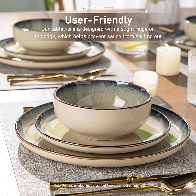 GBHOME Ceramic Dinnerware Sets for 6, 18 Pieces Stoneware Plates and Bowls Sets, Reactive Glaze Dishes -Scratch Resistant, Dishwasher&Microwave Safe,Pale Khaki