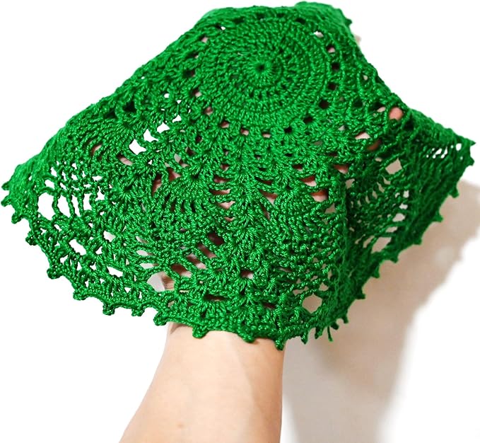 BIBITIME 2 PCS 11 inches to 12 inches Lace Doilies Crochet Handmade Lace Coasters Round Placemat Rustic Table Doilies Decors for Kitchen Dining Room Party Dressers (Green)