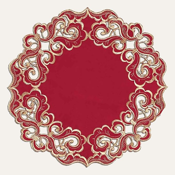 Decozen Set of 4 Doilies for Table, Lace Doilies - Rustic, Crochet, Farmhouse, Kitchen, Dining Table Centerpiece Decor - Round Christmas Placemats for Home 15 inch Gold Plum, The Granada Collection