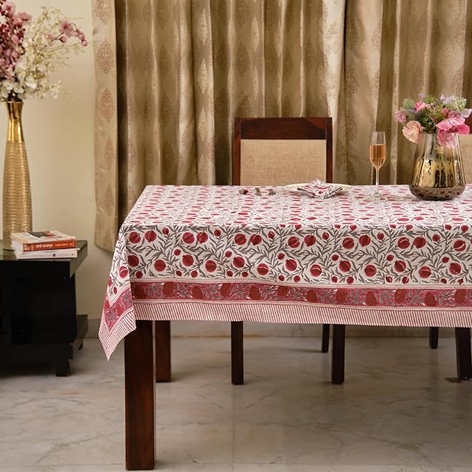 Ridhi Hand Block Print Sangria Red Rectangle Cotton Tablecloth 108" x 70" Reusable Table Cover Decorative Everyday Use for Dining, Farmhouse, Home Gift for Spring, Easter, Valentine