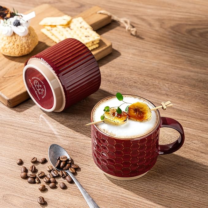 GBhome 12 OZ Stackable Coffee Mugs, Ceramic Coffee Mugs with Texture Patterns for Man,Woman,Dad,Mom, Modern Coffee Mugs Set of 4 for Latte/Cappuccino/Cocoa. Dishwasher&Microwave Safe
