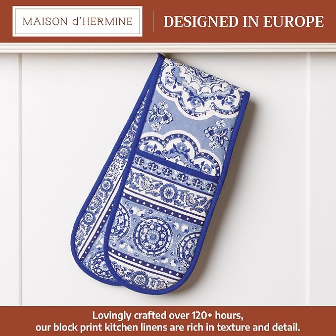 Maison d' Hermine Double Oven Mitts 100% Cotton 7"x35" Double Oven Mitt Heat Resistant BBQ Cooking Gloves with Loop, Baking, Grilling, Home, Kitchen, Handling Hot Pans Spring Summer (Melodie Bleue)