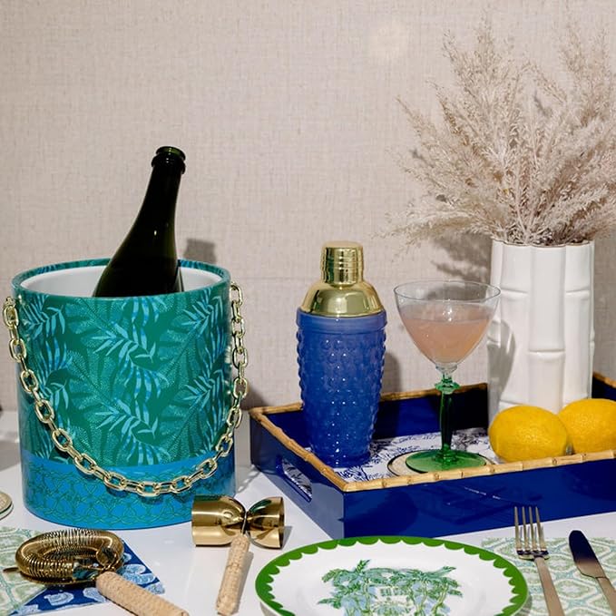 Lilly Pulitzer Hobnail Glass Cocktail Shaker with Gold Lid, Cute Bar Accessories, Drink Shaker for Home Bar Set, Blue Stream Hobnail