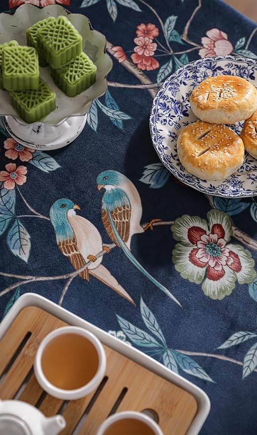 patdrea Designer Dark Blue Linen Rectangle Tablecloth,Vintage Navy French Floral and Birds Pattern Table Cloth,Decoration Table Cover for Kitchen,Dining,Tea Party,Home,Christmas,63"*87"