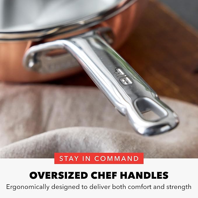 GreenPan x Bobby Flay 2QT Copper Clad Chef’s Pan with Lid, Induction Ready Sauce Pot, Measurement Markings, Stainless Steel Base & Interior, Oven Safe Saucepan to 500˚F