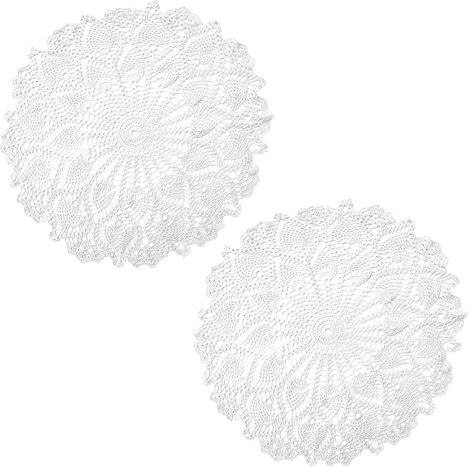 BIBITIME Lace Placemats Table Doilies Round Handmade Crochet Doily Kitchen Coffee Cup Mug Mats Dinner Place Mats (16 to 17.5 inches-2PCS, White)