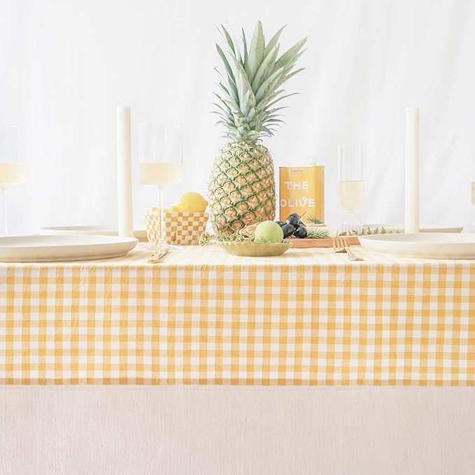 MONDAY MOOSE Gingham Checkered Farmhouse Rustic Picnic Style Decoration Rectangle Natural Stonewashed Cotton Tablecloth for Kitchen, Dining Room, Restaurant (60x102 inch, Yellow/Beige)