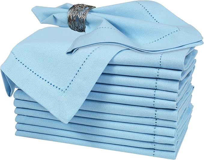 Bedding Craft Cloth Dinner Napkins Set of 12 – 18x18 Airy Blue Linen-Look Hemstitched – Soft Machine Washable Reusable Napkins for Weddings, Parties & Elegant Table Settings