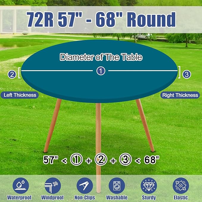 Round Spandex Tablecloth, Elastic Fitted Waterproof Tablecloths for 57"-68" Tables, Stretch Washable Picnic Table Cover for Camping, Dining, Indoor and Outdoor,Peacock Blue
