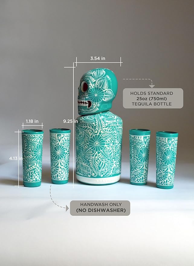 Tequila Decanter Set, Liquor Decanter with Shot Glasses and Mexican Sombrero, Hand-painted Decanter, Skull Decanter, Bar Decoration, Unique Tequila Gift, Gift For Dad (Turquoise Charro Set)