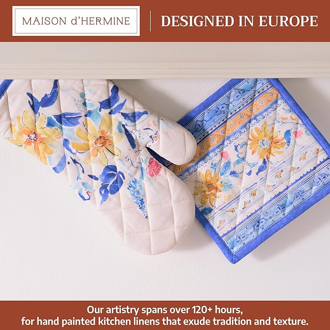 Maison d' Hermine 100% Cotton Oven Mitt & Pot Holder Set (7.5"x13" & 8"x8") Heat Resistant BBQ Cooking Gloves with Loop, Baking, Grilling, Kitchen, Handling Hot Pans Spring/Summer (Girassol)