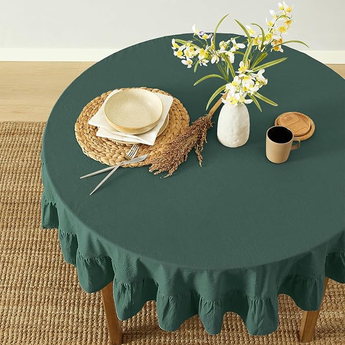 MONDAY MOOSE Ruffle Farmhouse Rustic Round Natural Stonewashed Cotton Tablecloth for Kitchen, Dining Room, Restaurant (60" Round, Teal Green)